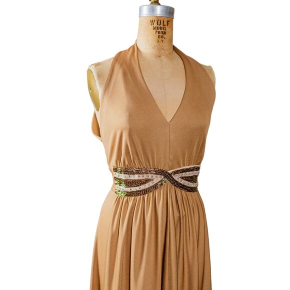 VTG 70s Lee Jordan Halter Maxi Dress Tan Rhinestone Evening Gown, Glam Disco M L - Picture 13 of 16